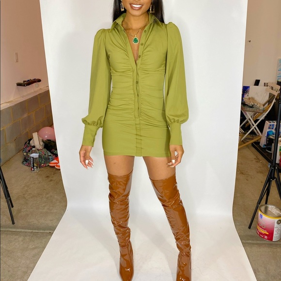 Olive Ruched Sleeve Dress - Picture 1 of 1
